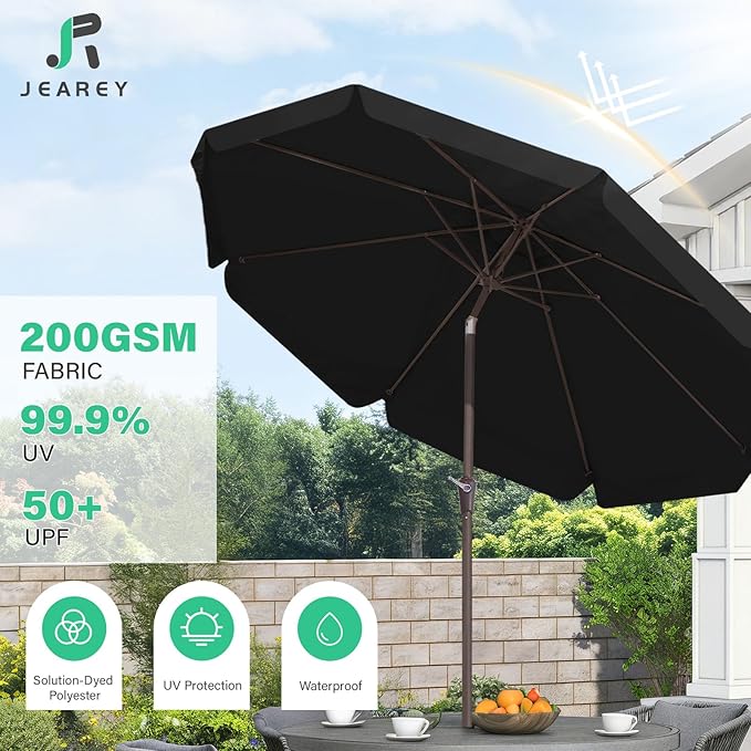 JEAREY 9 FT Patio Umbrella Outdoor, Table Umbrellas Market Umbrella w/Push Button Tilt/Crank, 8 Sturdy Ribs(black)