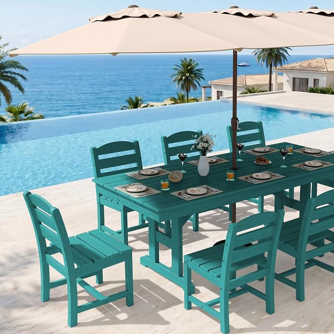 KINGYES Outdoor Dining Table,84 inch HDPE Rectangular Patio Table with Umbrella Hole，Waterproof Patio Furniture for Backyard,Aruba
