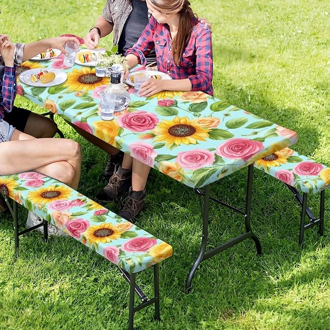 Picnic Table Cover with Bench Covers Elastic Edges, Rectangle Fitted Table Cover, Outdoor Patio Camping Essentials 72 Inch 3PCS, Waterproof Camping Fitted Tablecloth
