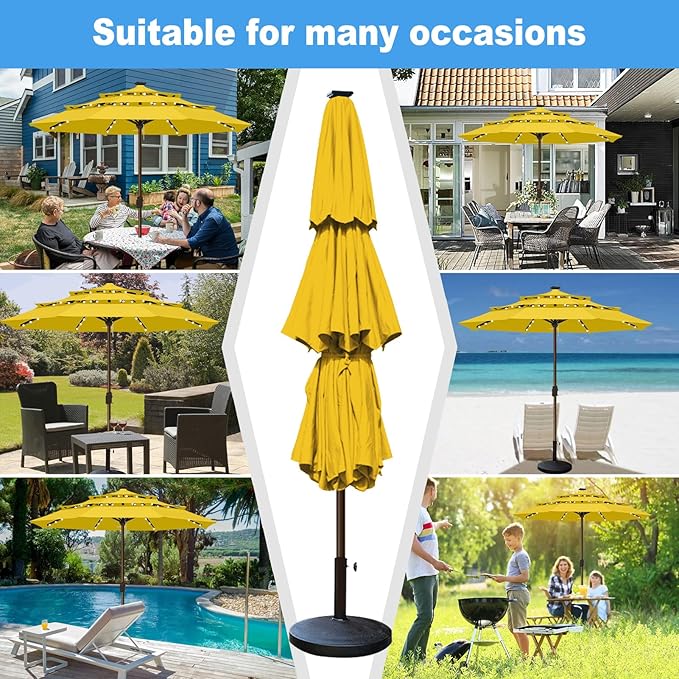 Eurmax USA 10-Year-Non-Fading 10FT 3-Tier Outdoor Patio Market Umbrella with LED Lights,UPF50+ UV Resistant,Commercial Grade,Crank Lift Design,Windproof Vented Top for Garden,Pool,Deck,Sunflower Yellow