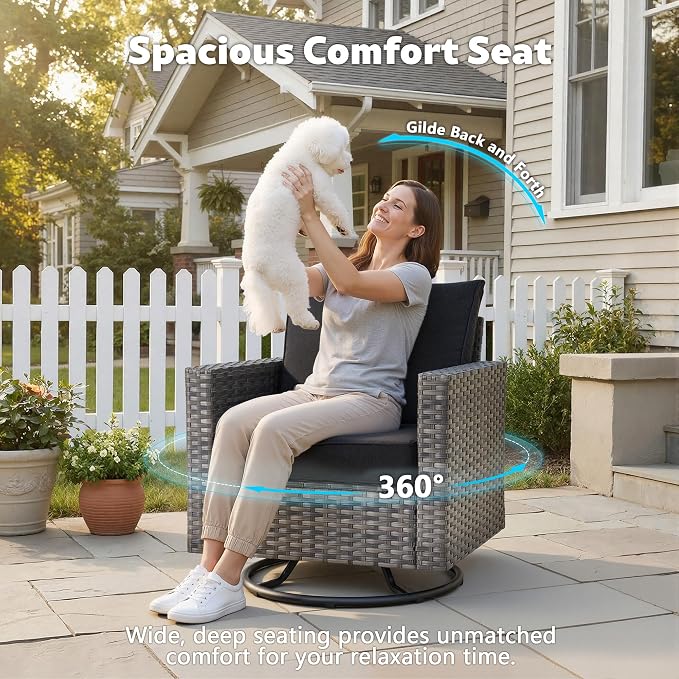 CAODOC 7-Piece Outdoor Wicker Patio Set with 7 Seats, Including 53" Fire Pit - Swivel Rocker Chairs and Conversation Set for Backyard or Lawn, Gray Rattan with Waterproof Black Cushions