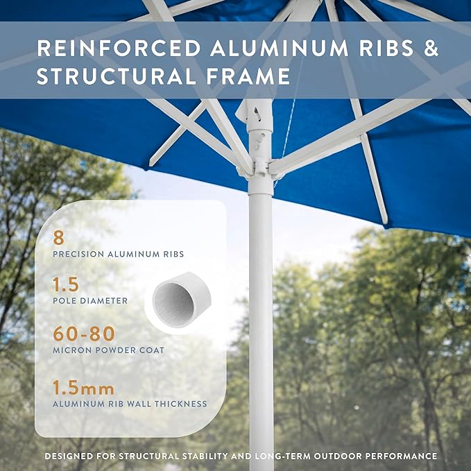 California Umbrella 10-Year Protection 9 Ft Outdoor Patio Umbrella, Pacifica Fade-Resistant Fabric, Auto-Tilt, Heavy Duty Aluminum Frame, 8 Reinforced Ribs for Pool or Deck, White Pole, Pacific Blue