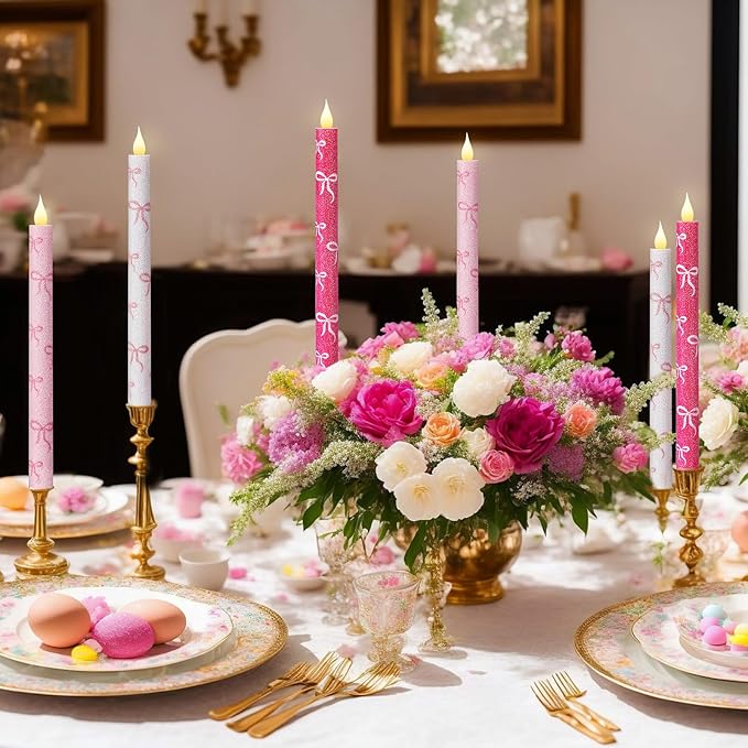 Honoson 6 Pcs Mother's Day Flameless Candles Glitter Bow Taper Candle 10.6 Inch Pink Coquette Candles Battery Operated LED Candlestick for Mother's Day Wedding Bridal Birthday Party Dinner Table Home