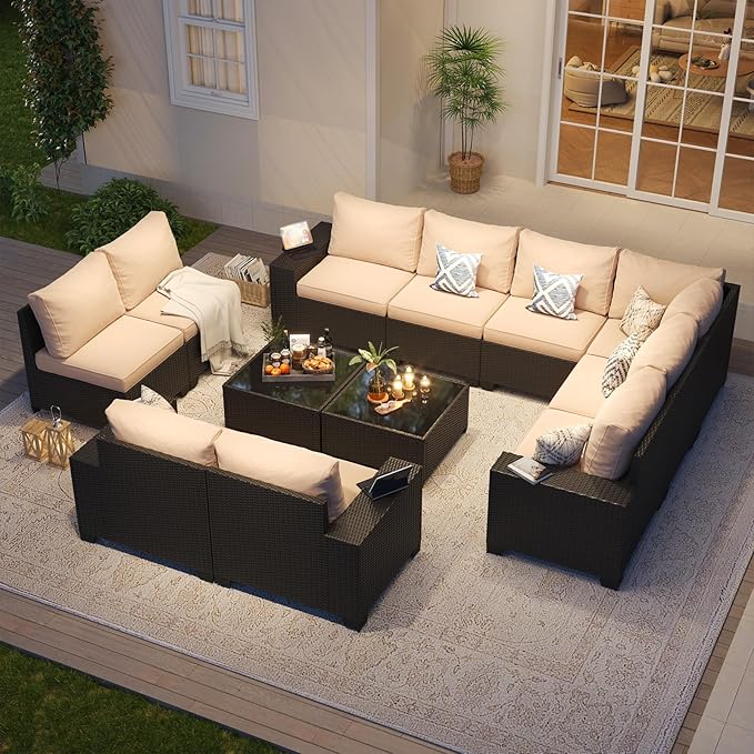 Aoxun Patio Furniture Set, 12 Pcs Outdoor Patio Furniture Sets with 4 in Thicken Cushion, Widen Armrests Wicker Outdoor Sectional for Backyard (Waterproof Cover Include)