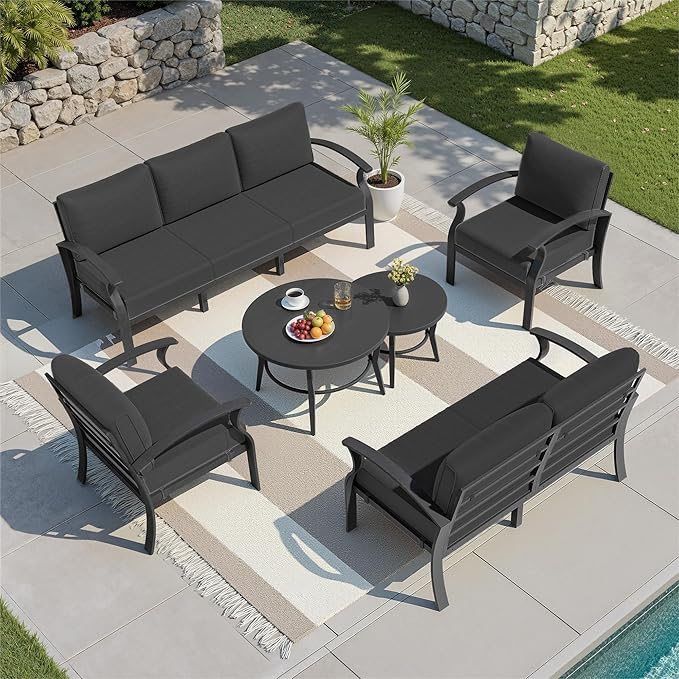 Kullavik Aluminum Patio Furniture Set with 2 Round Coffee Tables,7-seat Metal Outdoor Sectional Furniture w/5.1" Cushions,Patio Conversation Sets for Garden,Backyard,Porch-Black