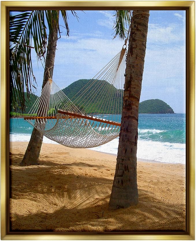 Stupell Industries Hammock on Palm Trees Gold Framed Floater Canvas Wall Art Design by Noah Bay