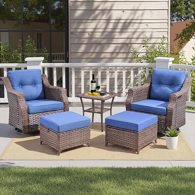 Outdoor Swivel Rocking Chair Set（ 5PCS ）,All-Weather Wicker Rocking Chair Combination PE Rattan with Elegant Side Table Ideal for Courtyards, Balconies, Patios, and Porches Brown/Blue