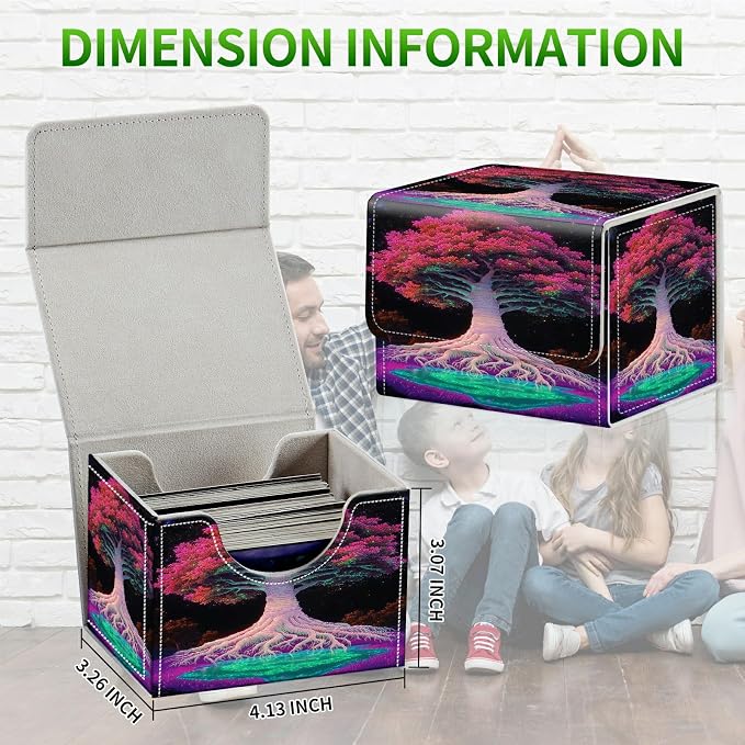 Card Deck Box for MTG, Cards Storage Box Fits 120+ Sleeved, Leather Small Size Strong Magnetic Closing Card Case for Board Games Magic TCG CCG Baseball Collection, Pink Trees