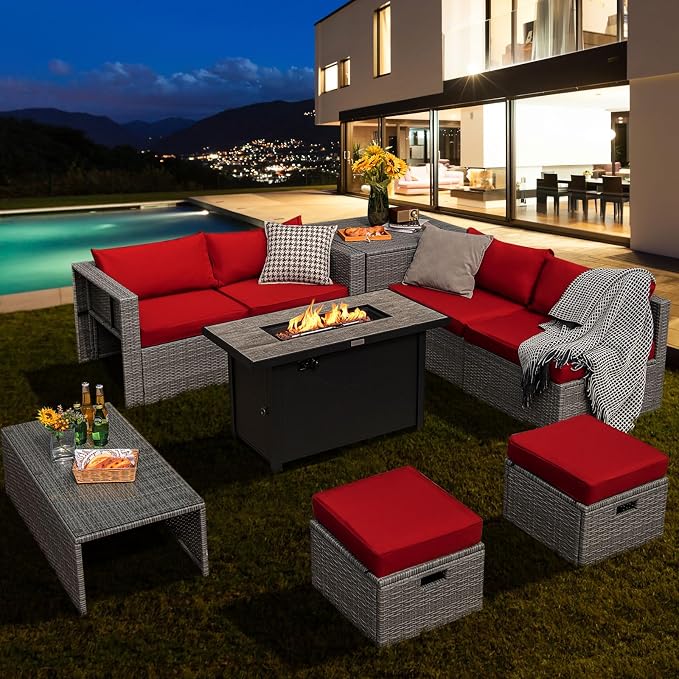Tangkula 9 PCS Patio Furniture Set with 42” 60,000 BTU Fire Pit, Outdoor Space-Saving Sectional Sofa Set with Storage Box, Waterproof Covers Included (Red)