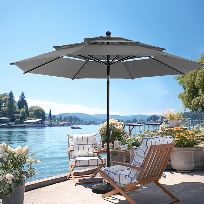 PHI VILLA 10ft Outdoor Patio Umbrellas for Outside, 3 Tier Vented Market Table Umbrella Windproof for Backyard, Deck, Garden, 1.5" Pole, Grey（No Base）