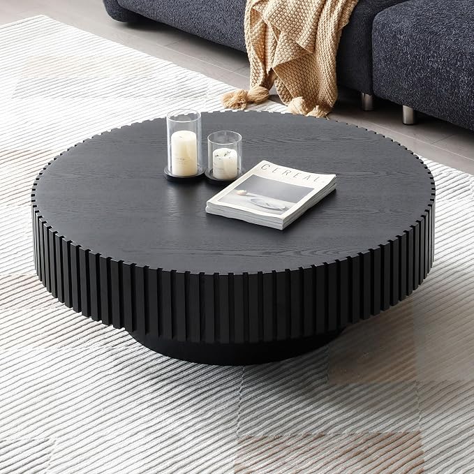 Round Coffee Table, Natural Wood, Modern Style, Slatted Base Design, Living Room Table (Black, 31.49)