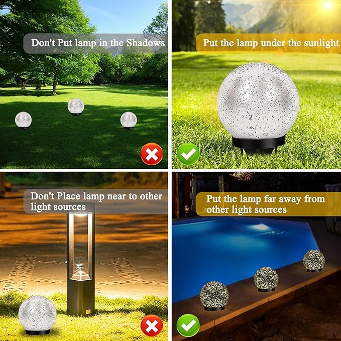 Solar Globe Lights Outdoor Waterproof, Cracked Glass Ball Orb Lights, Waterproof Globes for Garden Pathways, Patio Decor & Backyard Landscaping, Round Ornaments Orbs (Silver dots)