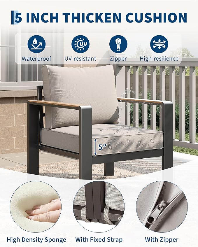 Garvee Aluminum Patio Furniture Set 7 Seats, Generous Outdoor Sectional with Washable Thick Cushions and Coffee Table, Patio Conversation Sets for Porch, Balcony, Deck, Yard