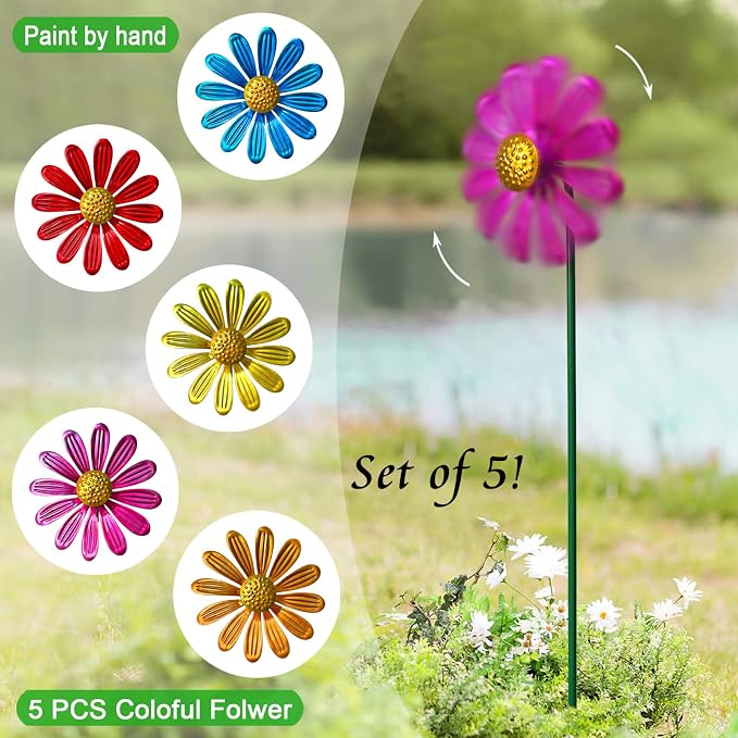Metal Colorful Daisy Wind Spinners,5 Pack Flower Outdoor Yard Garden Stakes | Metal Wind Spinner Yard Stake,Garden Decorations for Patio and Lawn