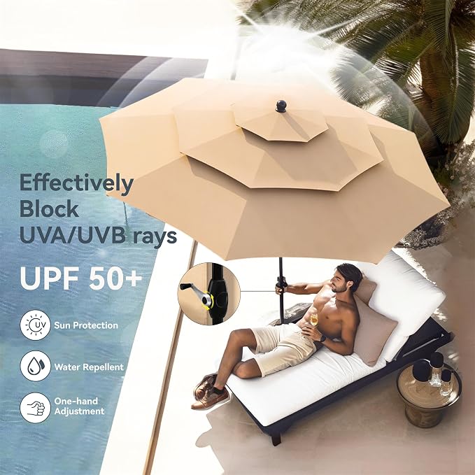 PHI VILLA Outdoor Dining Set with 10 Ft Beige Umbrella (No Base), Patio Table and Chairs Set for 4 with Blue Folding Chairs & Square Metal Table for Yard, Lawn and Outside
