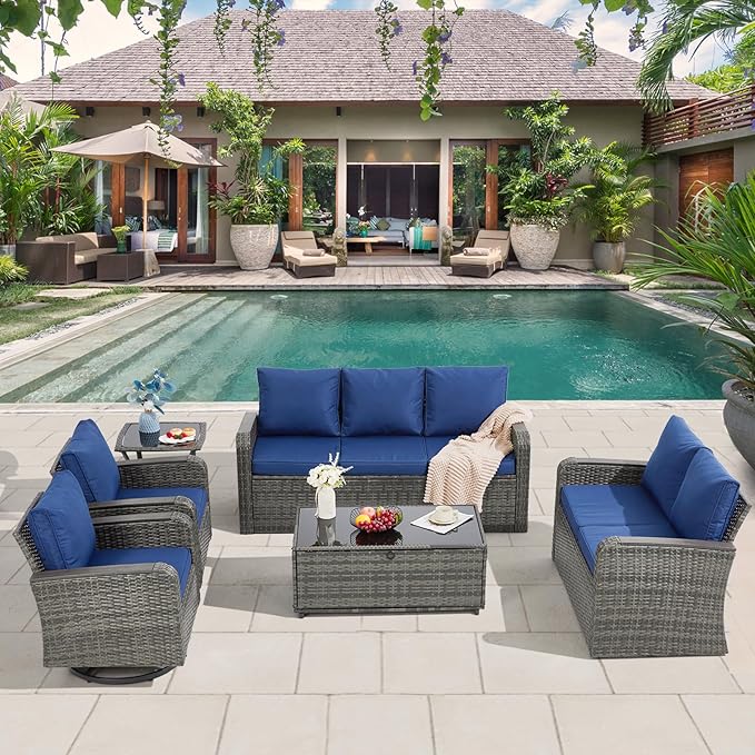 6 Pieces Patio Furniture Sets with Swivel Chairs, Patio Outdoor Furniture Set for Porch Deck Bistro Lawn Garden Backyard Poolsid- Grey Rattan/Blue