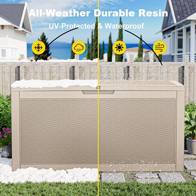 Outdoor Waterproof Resin Storage Deck Box Lockable Outside Bench UV Resistant Bin Patio Porch Furniture Pool Float Garden Tool Cushion