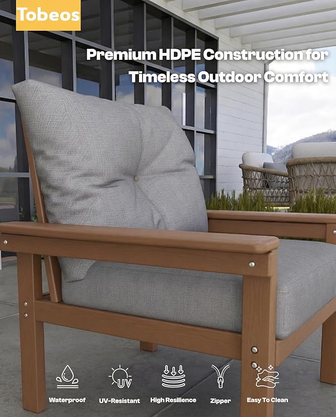 HDPE 3 Piece Patio Furniture Set, All-Weather Outdoor Couch Set with Thick Cushions, Patio Conversation Sets for Lawn, Garden, Porch, Balcony, Deck, Poolside, Teak