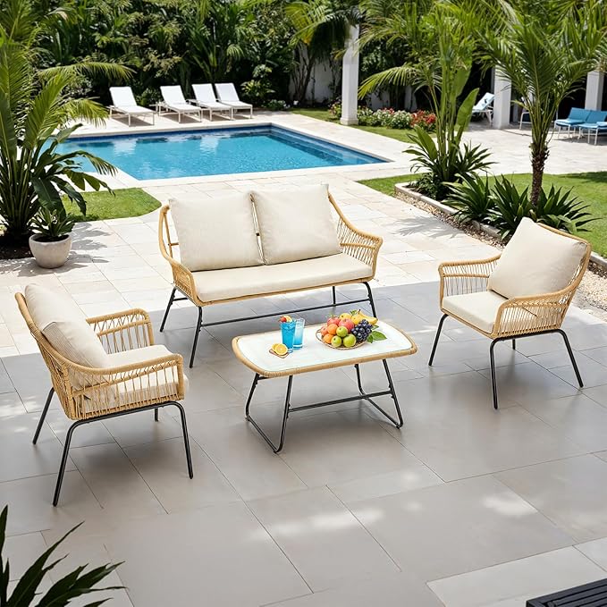 ONBRILL 4-Piece Patio Wicker Loveseat Sets, Boho Patio Furniture Set, Galvanized Iron Frame, Thickened Weather-Resistant Olefin Cushions, Tempered Glass Top, UV-Proof, Beige