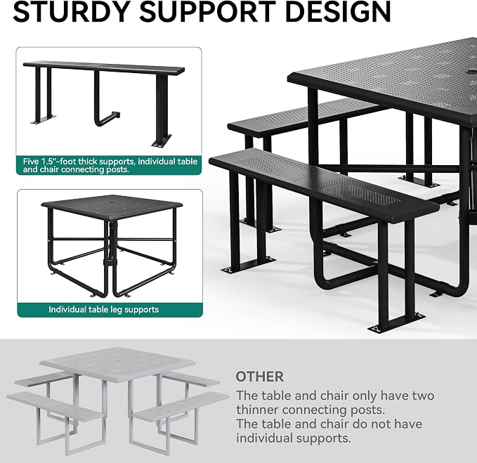 YITAHOME 37in icnic Table with Umbrella Hole, Outdoor Heavy-Duty Portable Picnic Table, Coated Steel Commercial Grade Table for a Lifetime