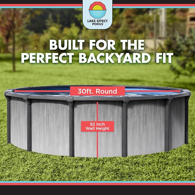Lake Effect Pools 'Lanai' 30 ft Round Above Ground Swimming Pool | 52 Inch Resin Protected Steel Sided Walls | Bundle Includes: 25 Gauge Overlap Liner & Widemouth Skimmer