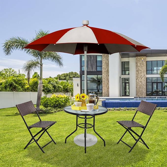 Round Outdoor Table Patio Table with with Umbrella Hole, 32 Inch Tempered Glass Outdoor Dining Tables Deck Table Bistro Table, All Weather Umbrella Table Outdoor Tables for Pool, Lawn, Balcony