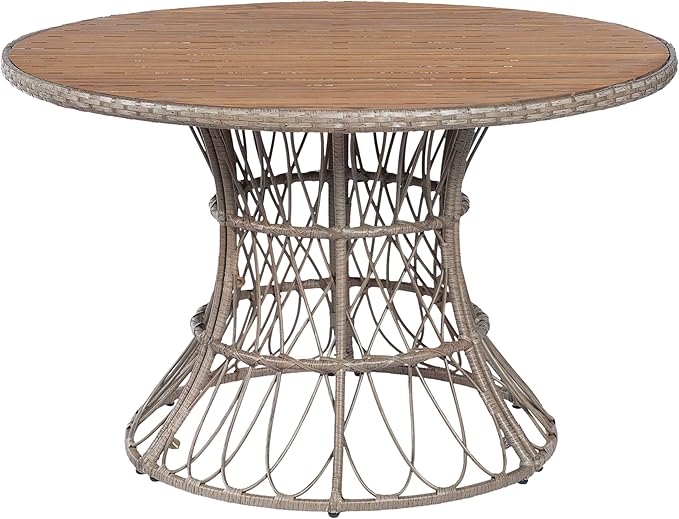 Merax 47.24" Round Outdoor Dining Table, Acacia Wood Top & Wicker Base, Patio Table for 4-6 People, Garden Outdoor Furniture, Brown Finish