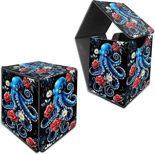 Rose Octopus Card Deck Box for MTG, Personalized Card Storage Case Fits 120+ Sleeved Cards, Premium Leather TCG Box with Strong Magnetic Closure for Magic, CCG, PTCG, Baseball Cards