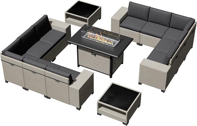 13-Piece Outdoor Patio Furniture Set with Fire Pit, Modular Sectional Sofa Set with Glass Coffee Table and Cushions, Wicker Outdoor Couch Conversation Sets, Black
