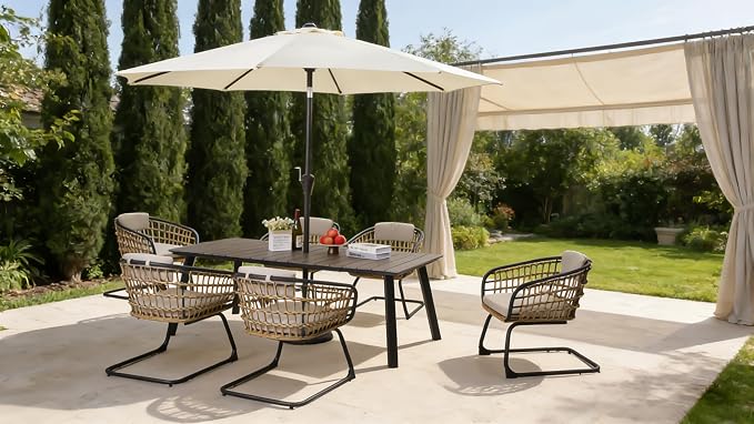 JOSHEN 70" Steel Elegant and Stylish Kitchen Dining Table, Simple and Practical Dining Table, Mid-Century Style Outdoors Coffee Tables with Umbrella Hole for Patio, Garden, Poolside, Grey