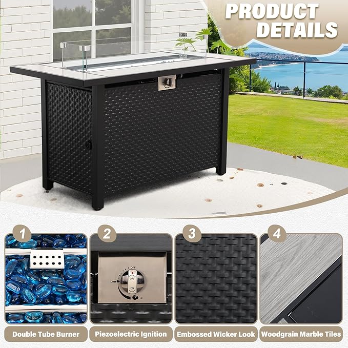 Patio Furniture Set 6-Piece Outdoor Furniture Set with 45'' Propane Gas Fire Pit Table Outdoor Conversation Set Wicker Sofa Set Non-Slip Cushions Waterproof Covers, Khaki
