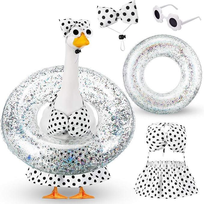 Bikini Porch Goose Outfits with Sunglasses and Swimming Tube for 23" Summer Goose Costume Garden Patio Statue Decor(Black Polka Dots)