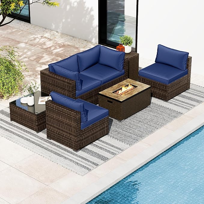 Tangkula 7 Pieces Patio Furniture Set with 32” Fire Pit Table and Propane Tank Cover, Outdoor PE Wicker Sectional Conversation Set with Cushions for Deck, Backyard, Protective Cover Included