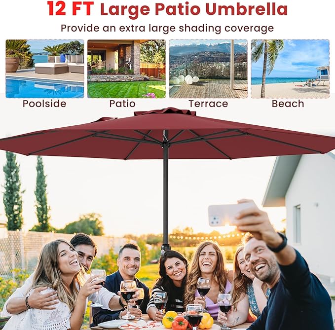 Tangkula 12 FT Patio Umbrella, Outdoor Market Umbrella with Crank Handle, 8 Sturdy Ribs, Double-Tiered Table Umbrella, Sun-Protective Waterproof Canopy Round Parasol for Garden Backyard Pool (Wine)