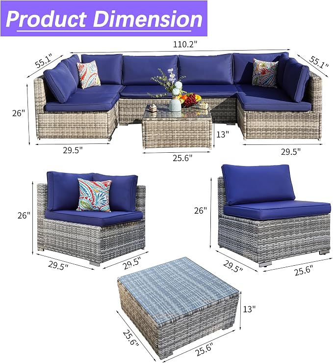 7 Piece Outdoor Sectional with Waterproof Cushions, Outdoor Patio Furniture Set with Coffee Table, Sectional Couch Sofa with Cushions, Wicker Outdoor Conversation Set for Backyard & Garden, Navy Blue