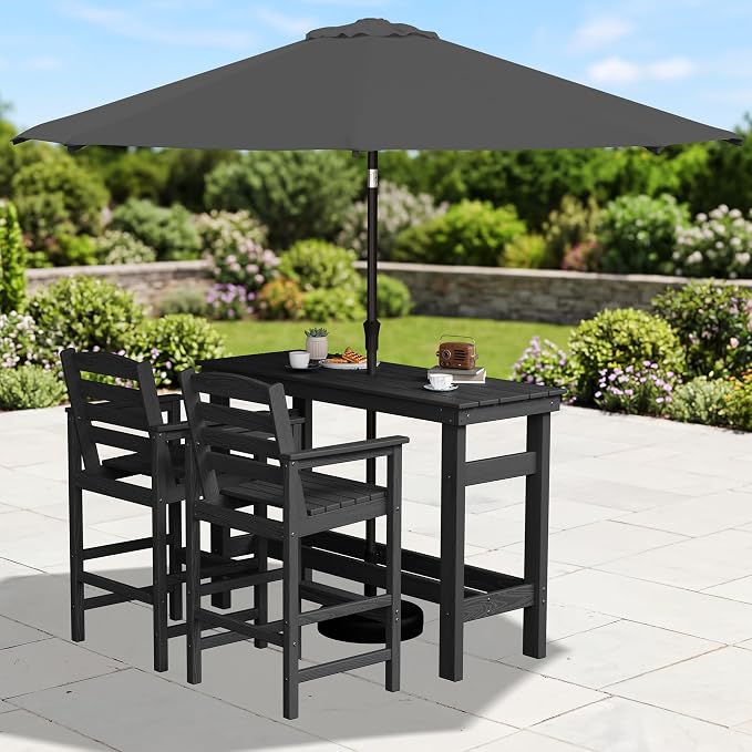 SERWALL Outdoor Bar Set with 9ft Umbrella, All-Weather HDPE Patio Bar Chairs and Table, Outdoor Furniture Set, Black (Umbreall Base not Included)