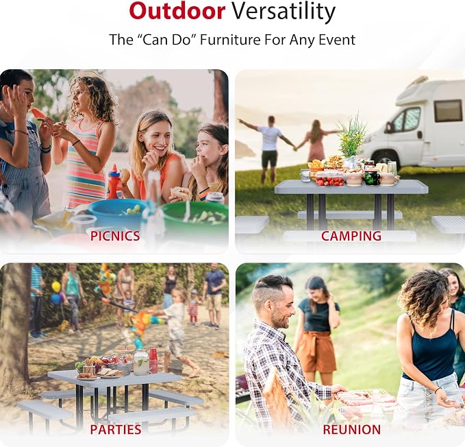 Leisure Craft Metal Picnic Table with Bench - 46" Square Outdoor Dining Table for 8 with Umbrella Hole, Weatherproof Heavy Duty Thermoplastic Coating, Commercial Grade Furniture Made in USA - Gray