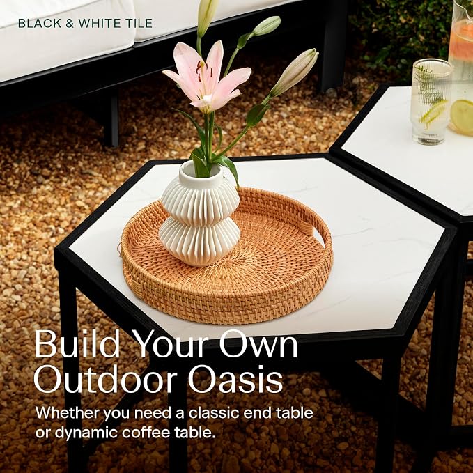 Honeycomb Indoor/Outdoor Omni Table: Weather, Rust, Heat, and Stain Resistant, Flexible Design to Stand Alone or be Combined, Stylish Yet Sturdy, White Tile Top, Steel Frame with Ebony Finish