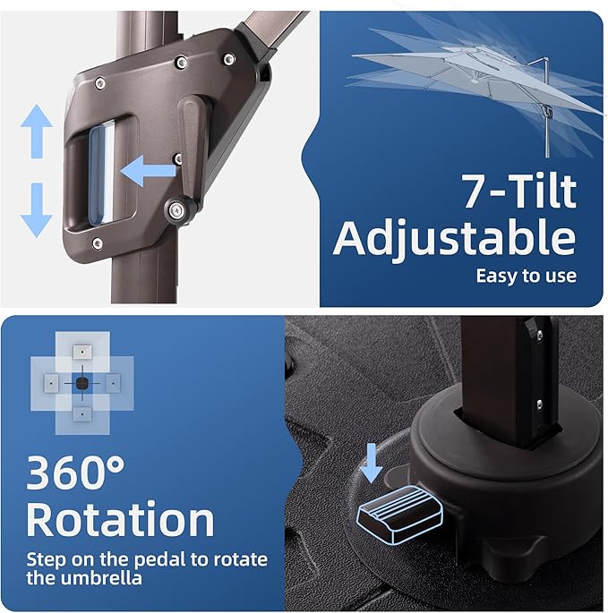 10x13 FT Patio Umbrella with LED Lights Cantilever Outdoor Large Heavy Duty Rectangle Aluminum Offset Umbrellas Double Top 360 Rotation 7 Tilt Adjustment for Pool Deck Garden, Fog grey