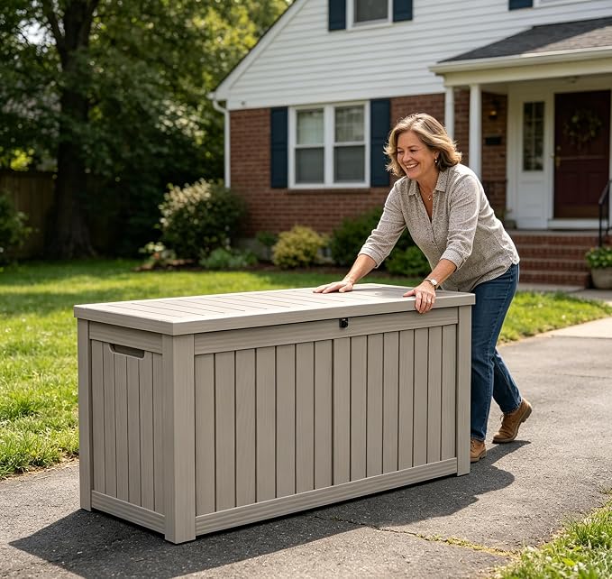 LAUSAINT HOME 230 Gallon Resin Deck Box, Package Delivery Box with Lockable Lid, Waterproof Outdoor Storage Box For Garden Tools, Patio Cushions(230 Gallon,Grey)