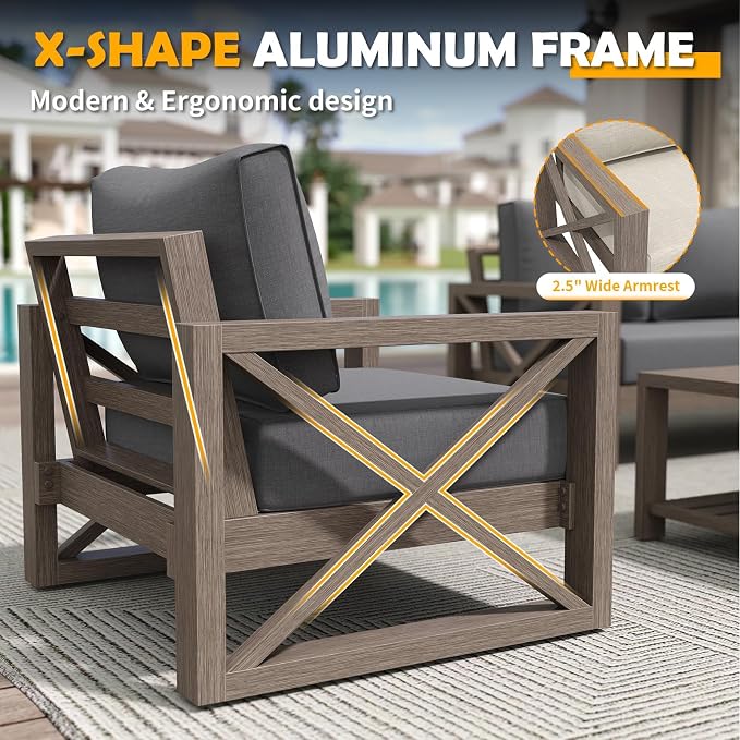 Amopatio Aluminum Patio Furniture Set, 6 Pieces Modern Metal Outdoor Furniture Sets, Faux Wood Grain Finish Frame Patio Sofa with 6" Cushion for Backyard, Dark Grey (Included Waterproof Covers)