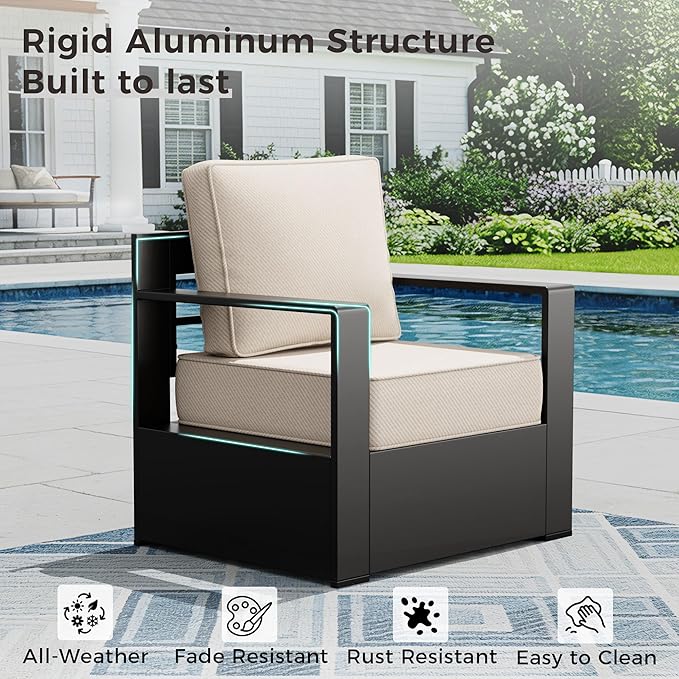 Outdoor Patio Furniture Aluminum Patio Chairs, All-Weather Metal Outdoor Chair with 6 Inch Thick Cushions, Deep Setting for Garden, Outside and Porch, Beige