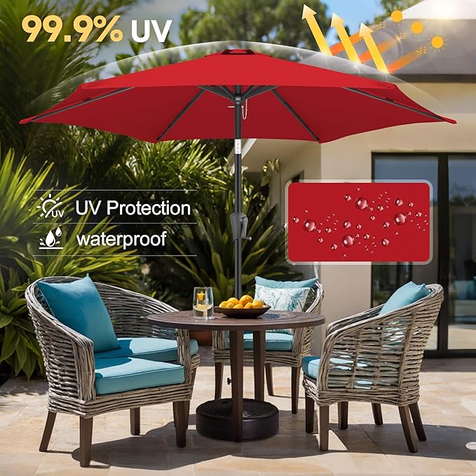 FLAME&SHADE 9ft Patio Umbrella Outdoor - Table Umbrella with Push Button Tilt and Crank, UV Protection, 6 Sturdy Ribs, Market Umbrella for Garden, Deck, Backyard, Lawn, Pool and Beach(Red)