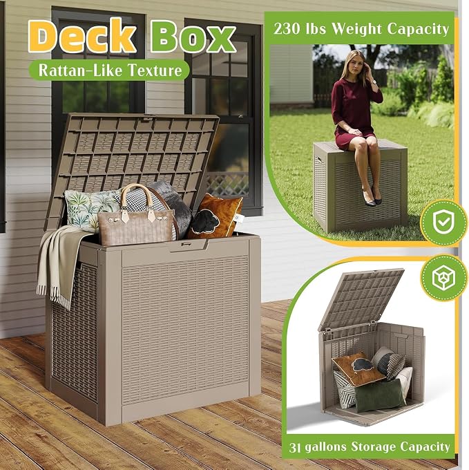 Vixzen 31 Gallon Waterproof Large Deck Box, Lockable Resin Outdoor Storage Box with Hydraulic Lid, Durable Storage Bin for Patio Furniture Cushions, Garden Tools, Pool Accessories, Grey