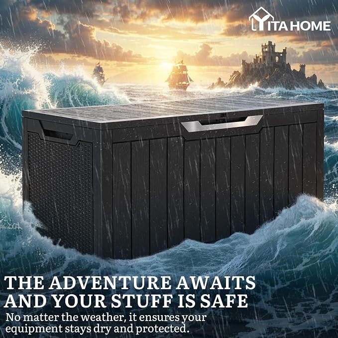 YITAHOME 100 Gallon Large Outdoor Storage Box, Water Resistant Resin Deck Box w/Silver Decorative PVC Trim Pane, Lockable Rattan Storage Container for Patio, Garden, Cushions, Tools(Black & Silver)