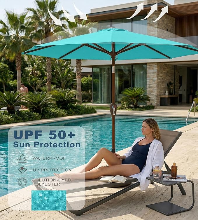 PatioKingdom 10FT Patio Umbrella with Push Button Tilt and Crank, Outdoor Market Umbrella with 8 Fiberglass Ribs, UV Protection Table Umbrella for Pool,Backyard,Garden,Deck