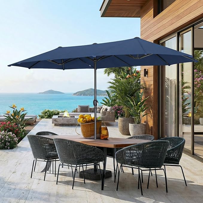 15ft Large Patio Umbrellas with Base Included, Outdoor Double-Sided Rectangle Market Umbrella with Stand, Outside Umbrellas for Poolside Lawn Backyard