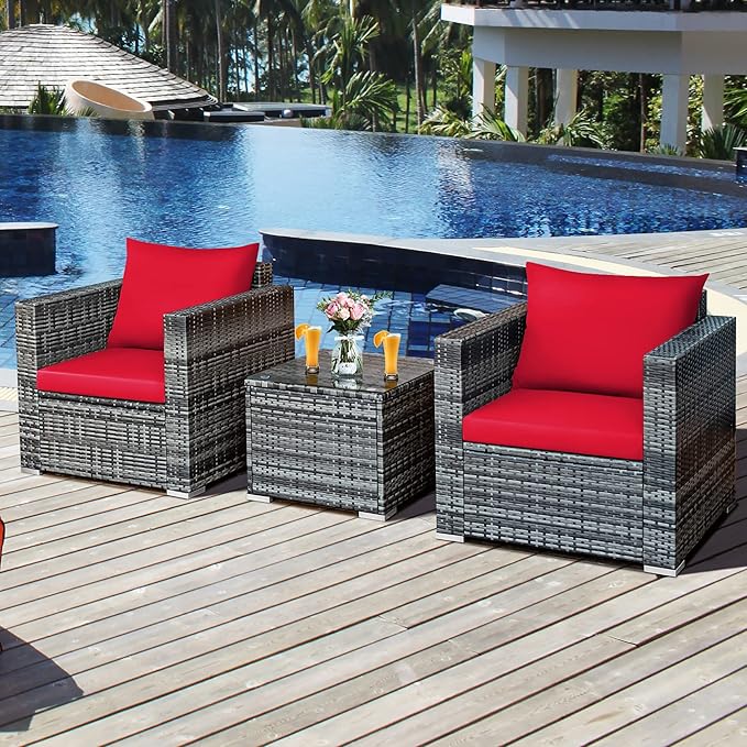DORTALA 3 Pieces Patio Furniture Set, Outdoor Rattan Sofa Couch Set with Cushions, Tempered Glass Coffee Table, Wicker Patio Conversation Set for Lawn Backyard Poolside Balcony, Red