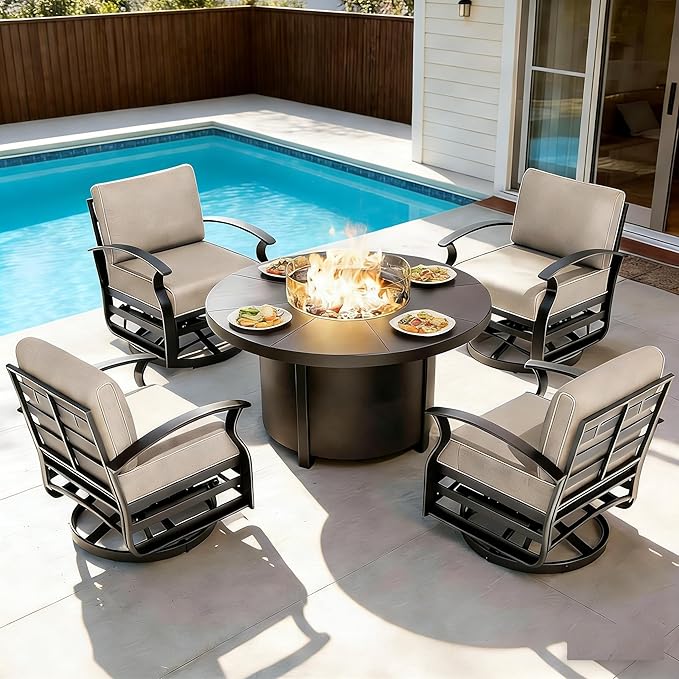 Gotland 5 Piece Patio Set, Aluminum Outdoor Swivel Chairs Set with 48’’ Round Fire Pit 5.1’’ High-Resilience Seat Cushions 29.5" Deep Seating, Metal Patio Furniture Set Patio Conversation Sets, Khaki