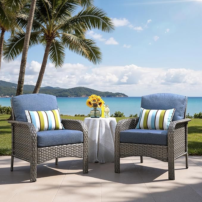 2-Piece Outdoor Patio Furniture Set, Outdoor Conversation Wicker Sofa with Thickened Cushions, Rattan Couch for Deck Yard Poolside, Blue